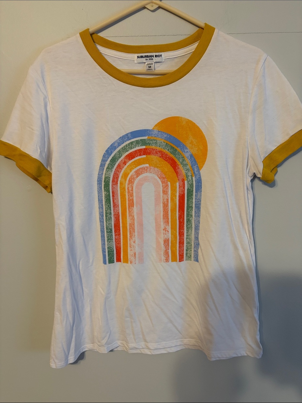Sub_Urban Riot White Tee with Mustard Ringer Trim. Med. Ladies.